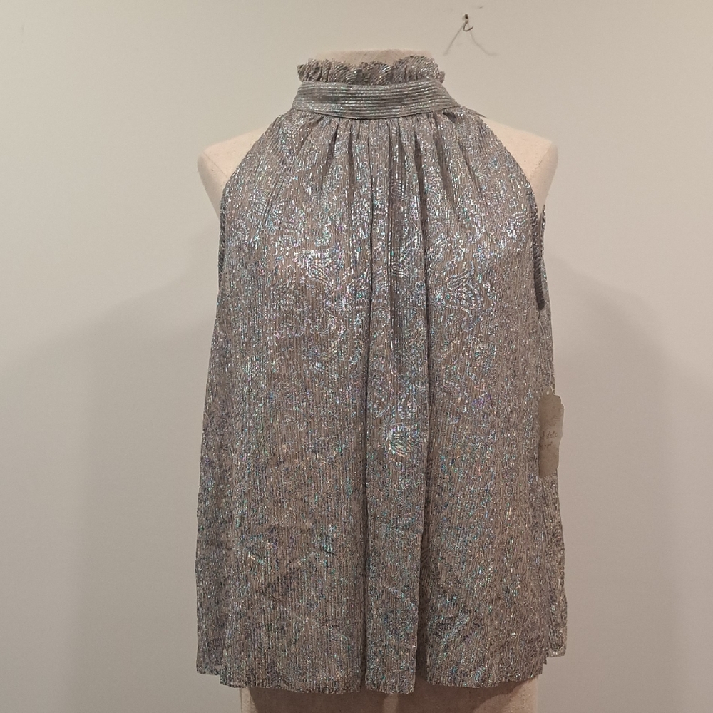 NWT Altar'd State Silver/Aqua/Lilac Metallic Print Halter Blouse. Crinkle Fabric